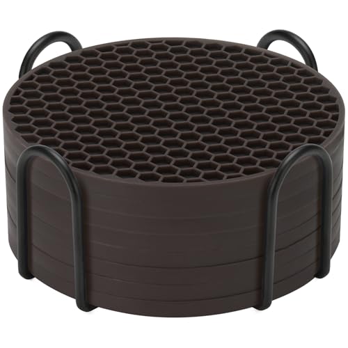 Silicone Coaster Set of 8 with Holder, Drinks Coasters, Coffee, Anti-Slip, Non-Stick, Anti-Overflow Tabletop Protection and Decor (8 Pcs, Coffee)