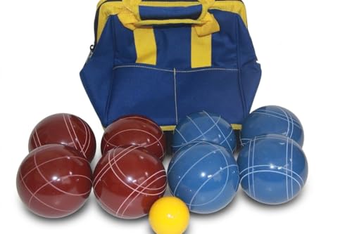 BuyBocceBalls Listing - Made in USA, Premium Quality Tournament Bocce Set - 110mm Blue and Dark Red Balls, Nylon Blue/Yellow Bag, 998 Grams (2 lbs. 3.2 oz.).