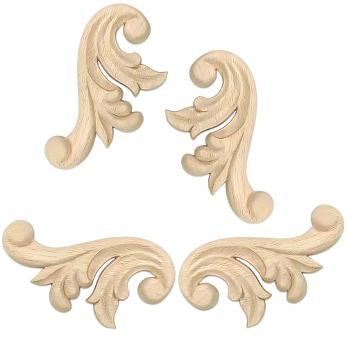 Image of 4Pcs Decorative Wood Flower Carved Appliques Corner Onlay 2.5x4.9inch DIY Unpainted Wooden Carved Corner Decal for Furniture Wardrobe Mirror Photo Frame Closet Decoration (2.5x4.9inch)