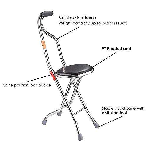 Ampersand Shops Senior Care Portable Medical 2-in-1 Walking Cane / Stool Chair Seat Folding Stick for Travel Hiking 242-lb. Weight Capacity