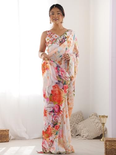 Image of Panzora Women's Chinon Printed Saree With Unstitched Blouse Piece