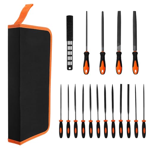 LZVXTYM 17Pcs Metal File Set, High Carbon Steel Flat/Triangle/Half-round/Round Large File and 12Pcs Needle Files with Carry Case, Woodworking Files with Rubber Handle for Sanding Engraving