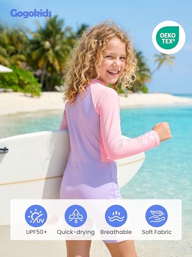 Gogokids Girls Rash Guard One Pieces Swimsuit UPF 50+ Sun Protection Long Sleeve Swimwear Color Block Half Zipper Bathing Suits,Purple,4-5Years — view 6
