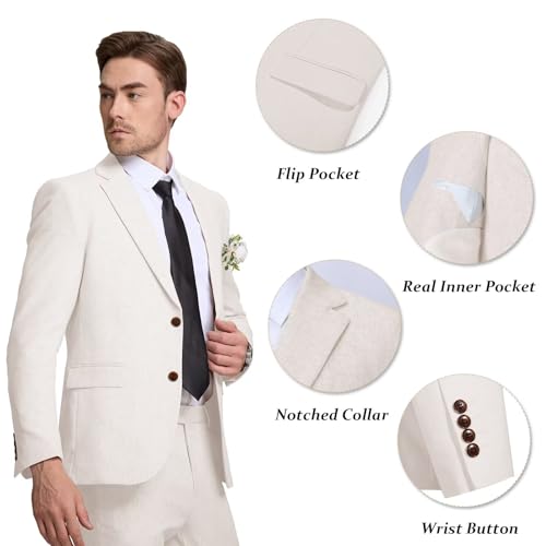 Image of Men's Linen Suit 2 Piece Slim Fit Summer Beach Wedding Prom Party | Breathable,Linen Blazer Suit Set,for Beach Weddings,Groom Wear,Prom and Outdoor Parties,Business Casual,Vacation Daily Wear