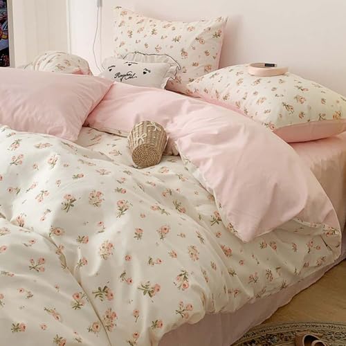 Image of Nayoroom Pink Floral Duvet Cover Queen Size Reversible Green Botanical Leaf Printed on White Spring Comforter Cover 3Pcs Soft Microfiber Aesthetic Cottagecore Bedding Set Gift for Women Girls