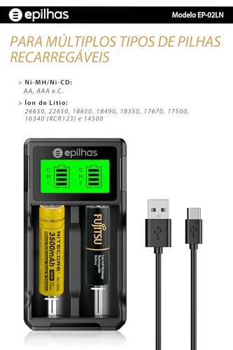 Carregador Universal USB da EPILHAS inteligente p/ 2 pilhas de Íon de Lítio/Ni-MH, modelo EP-02LN