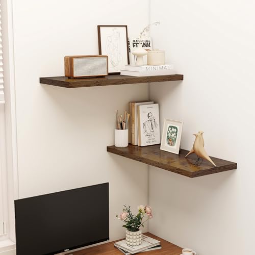 Image of Dreamland 32 inch Floating Shelves for Wall, 12 inch Deep Slim Rustic Brown Floating Shelves, Wall-Mounted Shelves for Bedroom, Living Room, Kitchen, Bathroom - Set of 2