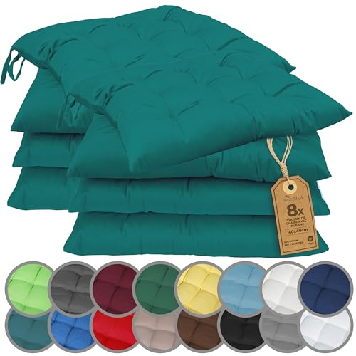 NatureMark Lot de 8 Galettes de Chaises avec Rubans 40x40 cm – Coussin de Chaise Épais pour Intérieur & Jardin – Couleur Pétrole