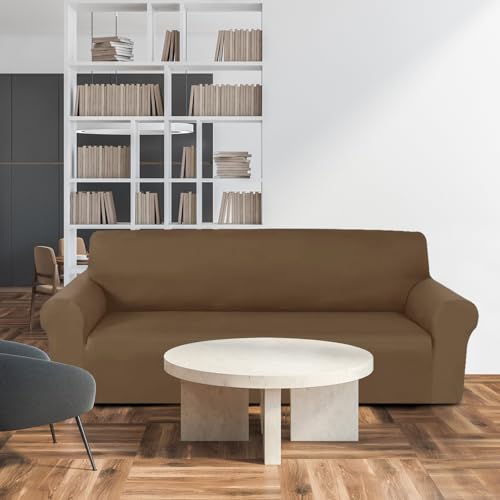 Peryiter 3 Pcs Slipcover Set for Couch Furniture Covers for Sofa Loveseat Couch Arm Chair, Form Fit Stretch, Wrinkle Free, Furniture Protector(Chocolate Color,Milk Silk Spandex) - Thumbnail 7