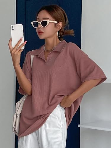 Image of Zilcon Womens Half Sleeve Oversized Tshirt for Woman Trendy Casual V Neck Summer Collared Preppy Tops Fashion Loose Fitted Western Tops for Women Stylish