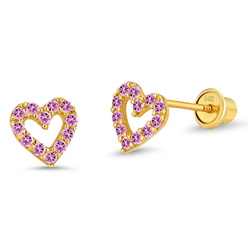 14k Yellow Gold Pink Oct Heart Cubic Zirconia Children Screwback Baby Girls Earrings