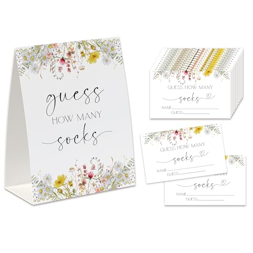 Xenseou Wildflower How Many Socks Game (1 Standing Sign + 50 Guessing Cards), Baby in Bloom Decorations, Baby Shower Game Ideas-GS01