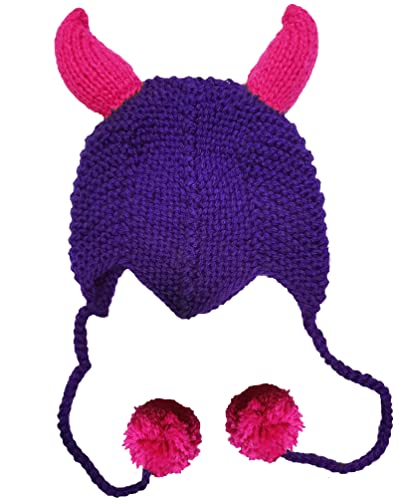 BIBITIME Funny Handmade Knitted Horn Beanie Hanging Pom Ball Earmuff Hat Cap (One Size for Adult, Purple)