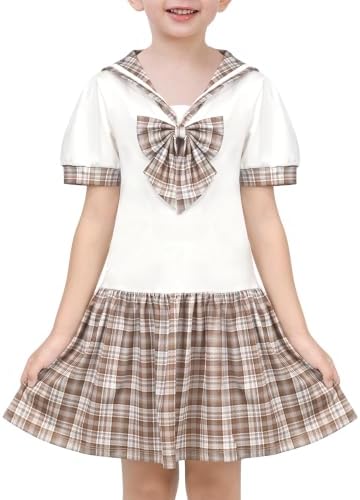 Sunny Fashion Girls Dress Brown Check Bow Tie Sailor Uniform School Short Sleeve Age 6 Years