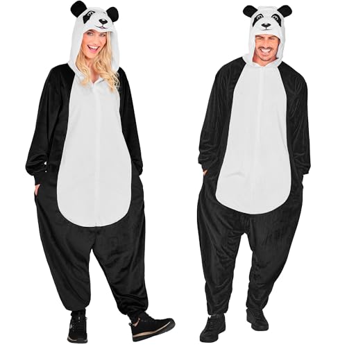 W WIDMANN MILANO Party Fashion - Macacão panda para adultos, macacão de pelúcia preto e branco com capuz, fantasia de animal para carnaval