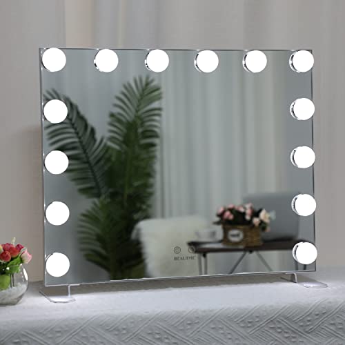 Beautme Hollywood Make-up-Spiegel mit LED-Lichtern, Touch-Steuerung, großer Kosmetikspiegel mit Dimmer-LED-Leuchten, Aluminiumrahmen, Tischplatte oder Wandmontage, Kosmetikspiegel silber Cover