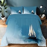 Bettdecke 200 x 200 cm 4 Jahreszeiten, Animationsstil Segelboot Minimalistisch Warme Ganzjahresdecke Kinder Bettdecke ohne Bezug Waschbar Schlafdecke mit 2 Kissenbezug 80x80cm, Wende-Steppdecke, Blau