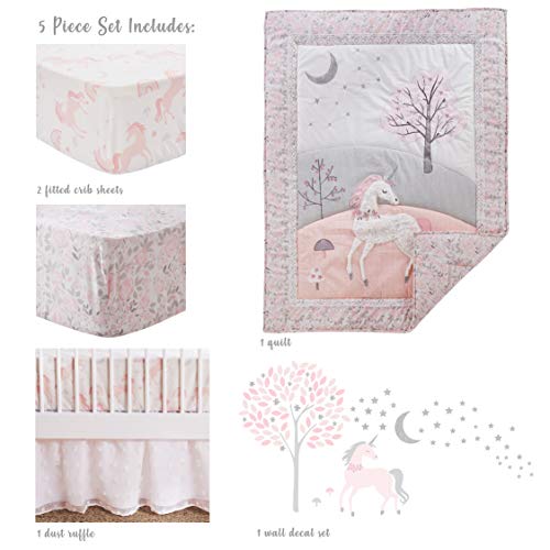 Levtex Baby - Colette Crib Bed Set - Baby Nursery Set - Grey Pink White - Unicorn - 5 Piece Set Includes Quilt, Two Fitted Sheets, Wall Decal & Skirt/Dust Ruffle #TOP3