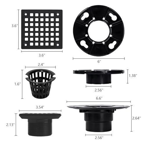 Uni-Green Matte Black Square Shower Drain 3.6 Inch with Hair Carcher and ABS Flange - Fit 2\" or 3\" Waste Pipe (ABS) - 304 Stainless Steel Shower Floor Drain Kit&CUPC