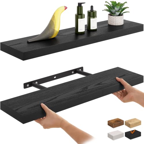 Image of Ballucci Floating Shelf, 2-Pack 24" Black Floating Shelves for Wall, Wood Wall Shelf for Home Décor, Floating Shelves for Bathroom, Living Room, Bedroom, 6" Deep Wall Shelves