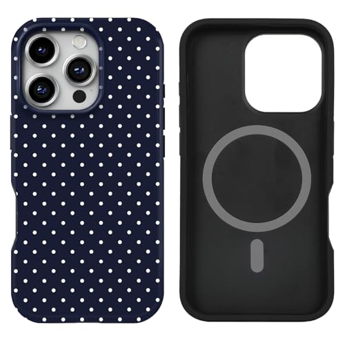 uCOLOR Case Compatible with iPhone 16 Pro- Compatible with MagSafe Scratch-Resistant Shockproof Cover for Women Men 6.3 inch(Navy Blue Polka Dot)
