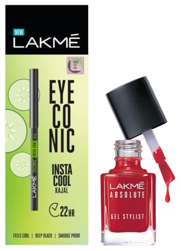 Image of Lakme Absolute Gel Stylist Nail Color, Scarlet Red, 12 ml & Lakme Eyeconic Insta Cool Kajal|| Black|| 0.35 g