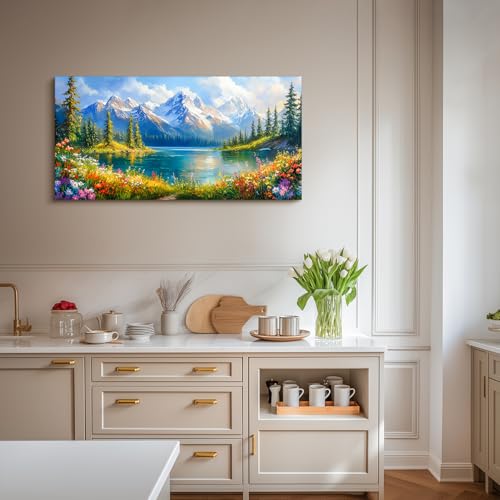 crmotu Spring Landscape Wall Art, Snow Mountain Lake Large Artwork, Colorful Meadow Wildflower Canvas Pictures, Nature Wilderness Paintings Wall Decor Living Room Bedroom Kitchen Farmhouse 24x48 Inch
