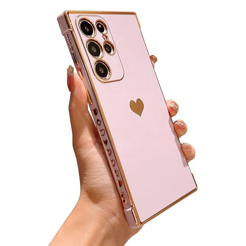 phylla Compatible with Samsung Galaxy S25 Ultra 5g 6.8" Phone Case Luxury Plating Cute Love Heart Side Small Pattern Case Full Camera Protection Soft Silicone Shockproof Bumper Cover (Purple)