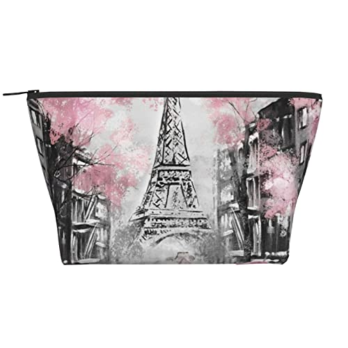 ASEELO Paris Street Tour Eiffel Rose Floral Trousse de maquillage Femme Cosmétique Sac de rangement Cosmétique Voyage Sac de courses quotidien Sac de maquillage Trapézoïde, noir, One Size