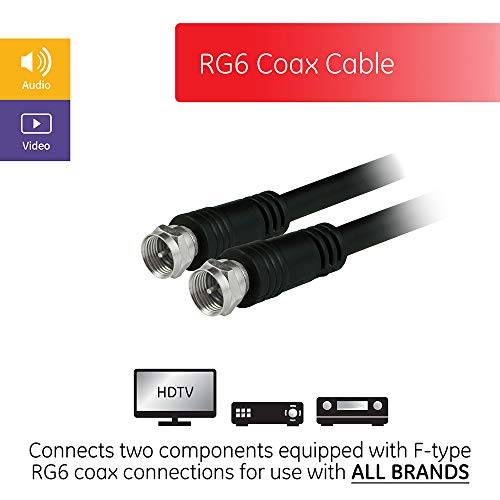 Ge Rg6 Coaxial Cable, 6 Ft. F-Type Connectors, Black, 33626 & Digital 2-Way Coaxial Cable Splitter, 2.5 Ghz 5-2500 Mhz, Rg6 Compatible, Works With Hd Tv, Satellite #TOP2