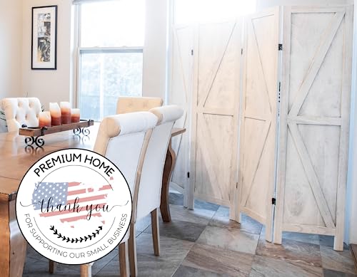 Image of Premium Home 4-Panel Room Divider - Rustic White Barn Door, K Pattern Folding Privacy Screen, Partition Wall