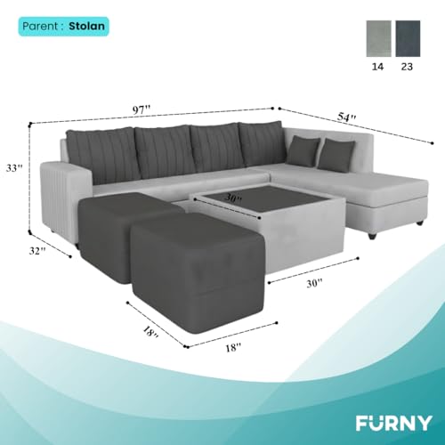 Image of CASASTYLE Stylano 8 Seater Fabric RHS L Shape Sofa Set with 1 Centre Table & 2 Ottoman (Dark Grey-Light Grey) 8-Person Seating with Premium Velvet Finish