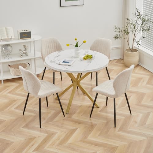 EGOONM Ensemble de Table à Manger avec 4 Chaises - Table Ronde 100 cm Plateau MDF avec 4 Chaises en Tissu Lin - Idéal Cuisine ou Salon (Blanc/Or_Beige_St)