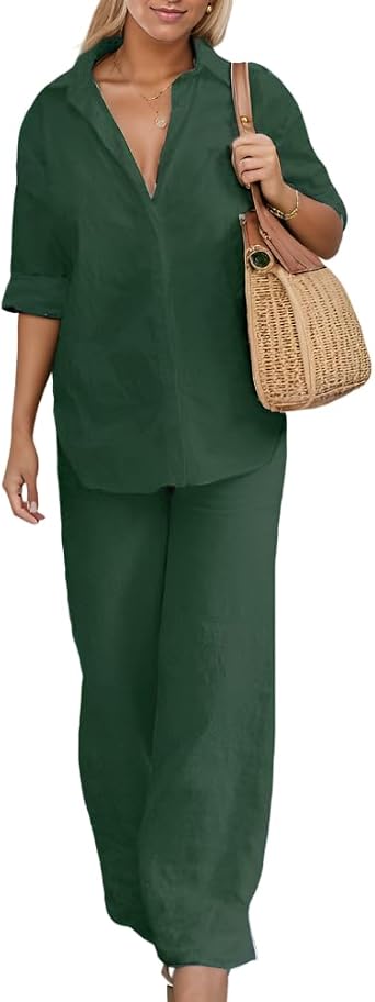 Womens 2 Piece Cotton Linen Outfits Button Down Long Sleeve Shirt Loose Elastic Waist Wide Leg Pants Sets with Pockets