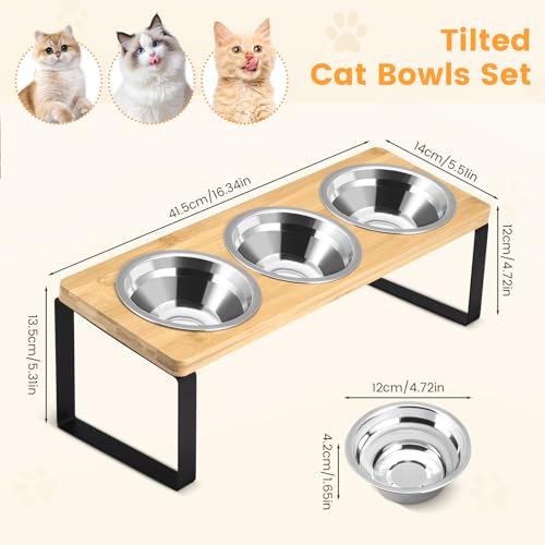Cuencos inclinados para gatos con soporte, comedero elevado de madera para gatos y perros pequeños, incluye 3 cuencos de acero inoxidable para alimentos y agua