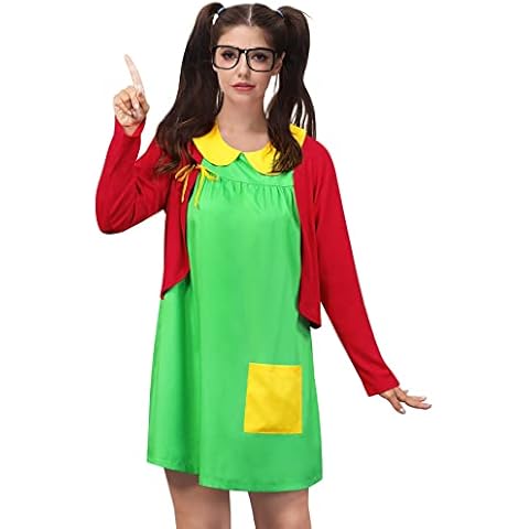 Women Halloween 2 Piece Outfits Costume Green Dress Doll Collar with Red Cardigan XXL Cover