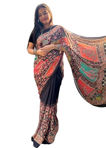 Image of Women's Banarasi Silk Georgette Saree Featuring Silver Sequin And Mirror Work