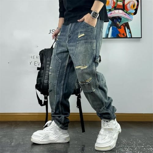 Men’S Streetwear Ripped Patch Baggy Denim Cargo Pants Slim Fit Full Length Button Fly Distressed Destroy Wash Jeans2