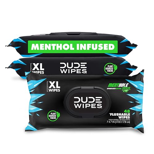 DUDE Wipes MentHOLE XXtreme Flushable Wipes - Menthol Infused Extra-Large Adult Wet Wipes - 3 Pack (144 Count) - Infused with Menthol for a Cooling Sensation - Septic and Sewer Safe