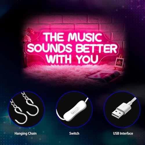 Image of Neon Sign, The Music Sounds Better with You Neon Signs for Wall Decor Neon Pink LED Signs Room Neon Light Up Signs Home Decor for Business Bedroom Club Party Bars Shop USB Operated