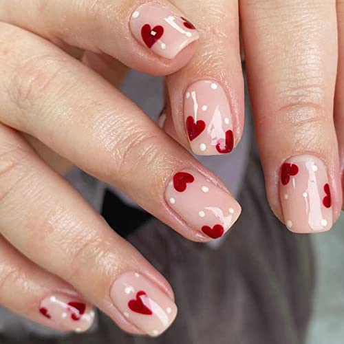 Red Heart Press on Nails Short Square Love Fake Nails with White Dots Red Hearts Design Valentine Nail Supplies for Women Girls Acrylic False Nail Kits Static Stick on Nails Reusable Full Cover 24Pcs