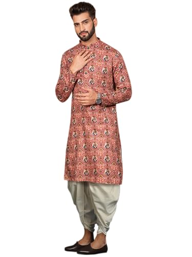 Kurta Dhoti pour homme en polycoton rose imprimé patola