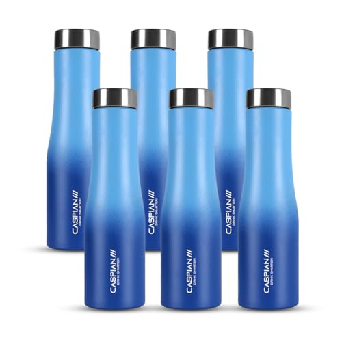 Image of CASPIAN / / / Aqua ISI Certified Stainless Steel Water Bottle 1ltr. (M Blue, 1 Litre, Set of 6) | Leak Proof Thunder for Fridge Home Office Travel School Kids Boys Girls Adults Sports Gym Yoga| BPA Free