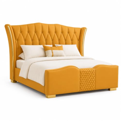 Image of Upholstered King Size Bed with Box Storage for Bedroom | Wooden Double Bed with Wooden Ply with Storage | Platform Cot Palang with Headboard | 6.5 x 6 Ft | Sheesham Wood | Golden