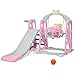 DREAMADE 3 en 1 Tobbogan pour Enfants avec Balançoire & Panier de Basketball, Aire de Jeux avec Échelle d'Escalade, Forme d'Ours, pour Enfant 1-6 ans (Rose)