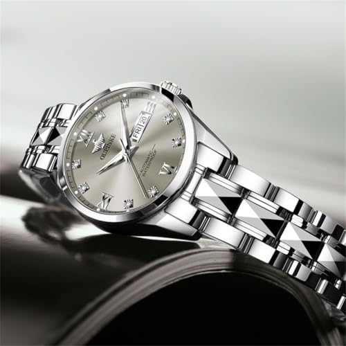 Image of OUPINKE Grey Women Business Watch Mechanical Self Winding Waterproof Ladies Watches Diamond Date Gift Watch for Lady