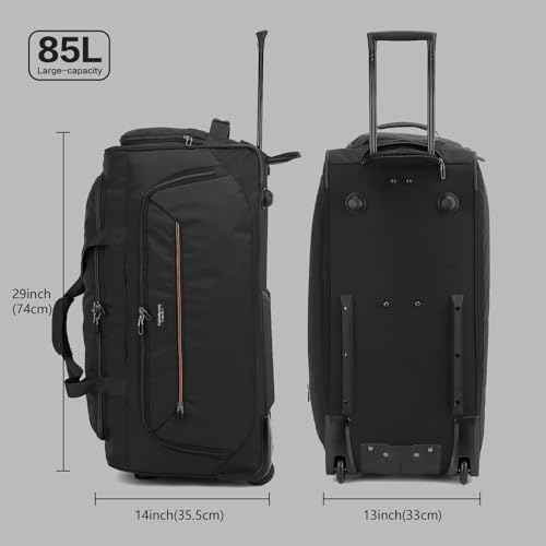 Image of Large Rolling Duffle Bag with Wheels and Handle 85L 29 inch Travel Duffel Bag for Men Women with Shoe Compartment & Wet Pocket, 2 Wheeled Checked Luggage for Business Travel Long Trips, Black