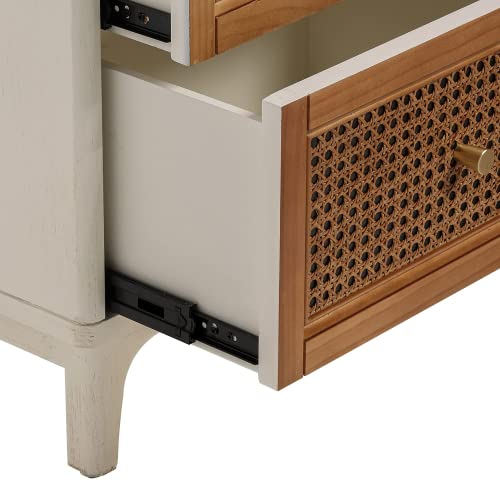 Lonyke Mid Century Nightstand Assembled, 2 Cane Drawers Wood Nightstand, Boho Rattan End Table With Storage For Living Room, Bedroom, Distressed White #TOP5