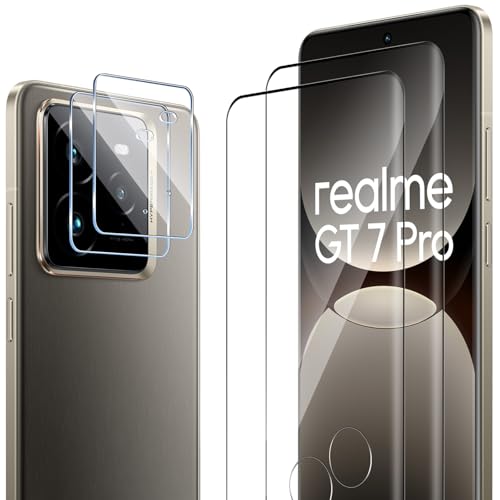 ELYCO Cristal Templado para Realme GT7 Pro/GT 7 Pro, 2 Piezas 9H Dureza Protector de Pantalla + 2 Piezas Protector de Lente Cámara, Anti-Rasguños, Sin Burbujas HD Vidrio Templado