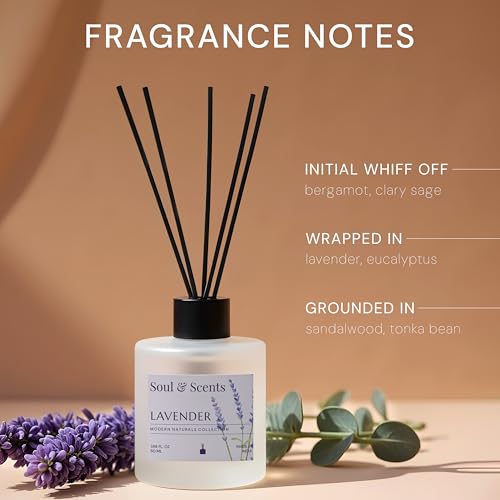 Image of Soul & Scents 50ml Lavender Reed Diffuser Set | Blend of Rosemary and Vanilla | Get 5 Rattan Reed Sticks | Smoke Less Room Freshener for Home, Bedroom, Living Room & Office